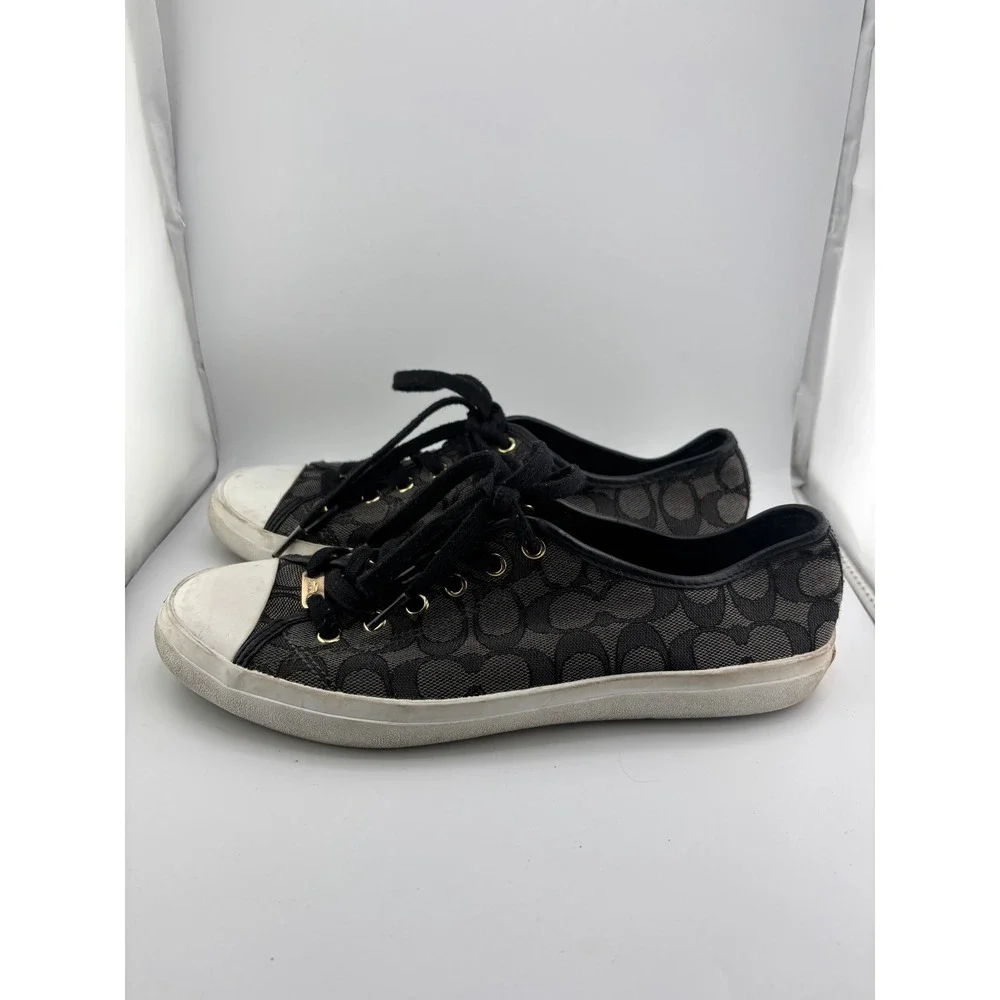 Coach Womens Signature Monogram Low Top Sneakers Black Grey Gold Size 11